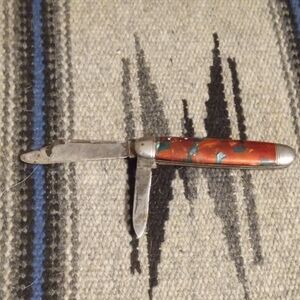 Vintage Orange and Turquoise Pocket Knife - Men Accessories